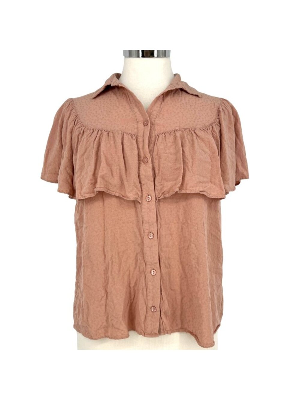 Downeast Prairie Boho Pink Ruffled Button-Down Blouse Short Sleeve Size Medium